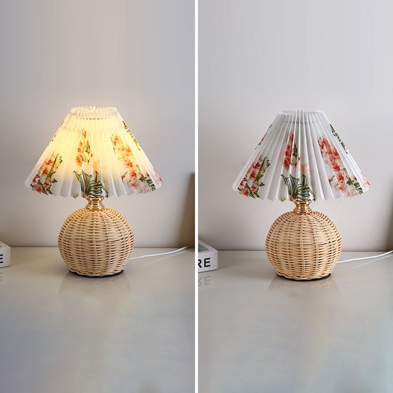 Nordic Rattan Table Lamp with Fabric Shade, USB Powered & Infinitely Dimmable LED Light for Bedroom, Living Room, Study