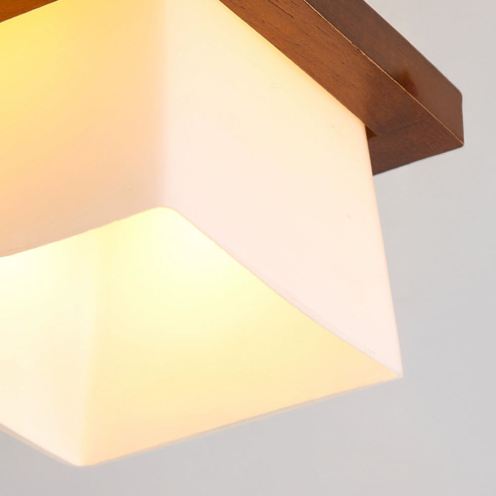 Square Flush Mount Ceiling Light Fixture with Wood Accent, White Shade, E27 Socket for Bedroom, Hallway, Living Room, Minimalist Home Lighti