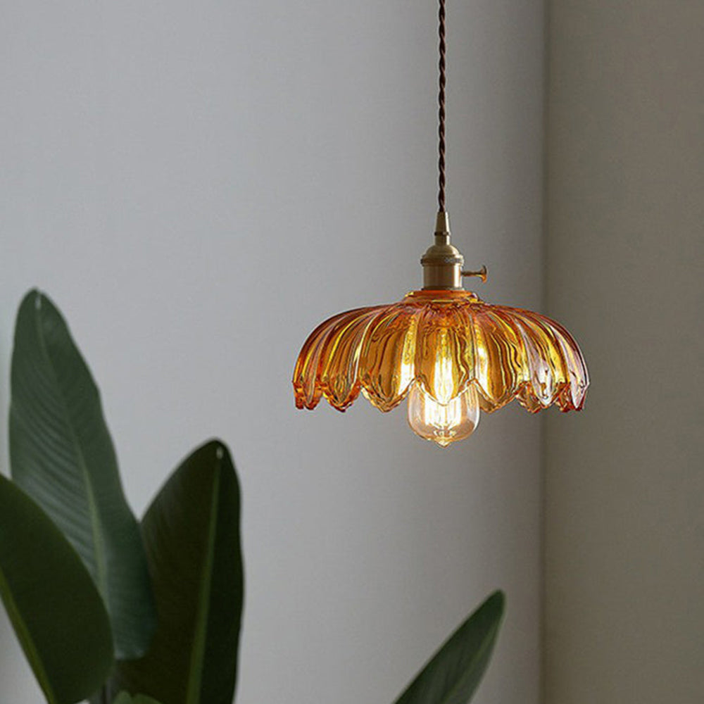 Floral Glass Shade Ceiling Fixture Green 10 Inch Adjustable Cord E27 Socket for Dining Room Kitchen Hallway Vintage Copper Accent Home Light