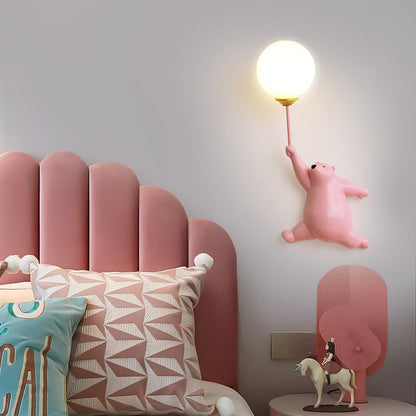 Bear with Balloon Wall Sconce Light for Kids Room Nursery Bedroom Playroom Resin Animal Design Accent Lighting White Blue Pink