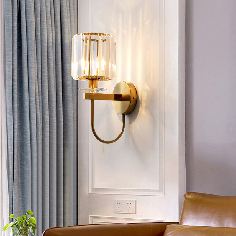 Contemporary Crystal Wall Sconce with Arched Bracket – Single-Light Gold Metal Fixture for Hallways & Bedrooms