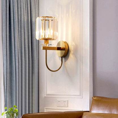 Contemporary Crystal Wall Sconce with Arched Bracket – Single-Light Gold Metal Fixture for Hallways & Bedrooms