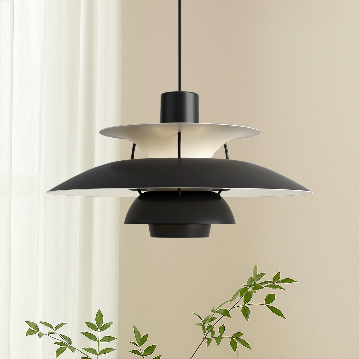 Layered Aluminum Hanging Lamp 12 in Diameter Contemporary Overhead Fixture for Kitchens and Dining Spaces E27 Socket Black Finish Modern Hom
