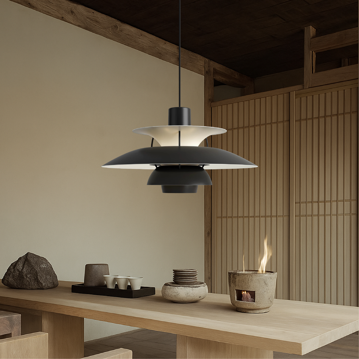 Layered Aluminum Hanging Lamp 12 in Diameter Contemporary Overhead Fixture for Kitchens and Dining Spaces E27 Socket Black Finish Modern Hom