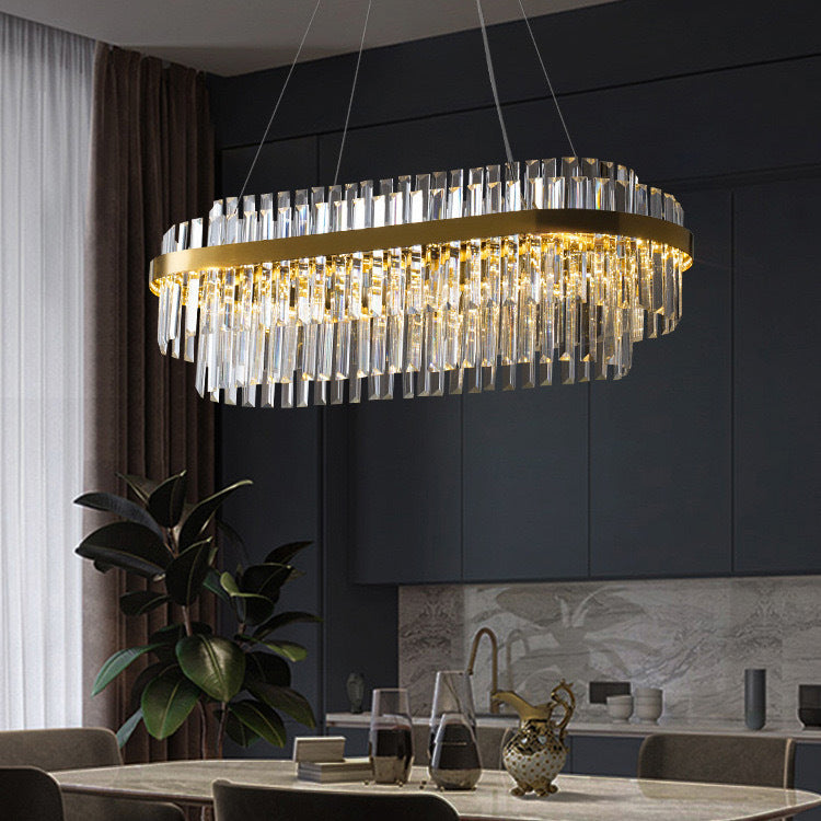 Crystal Chandelier Fixture Round Rectangular LED Warm White Adjustable Height Gold Metal Dining Table Overhead Modern Ceiling Light for Livi