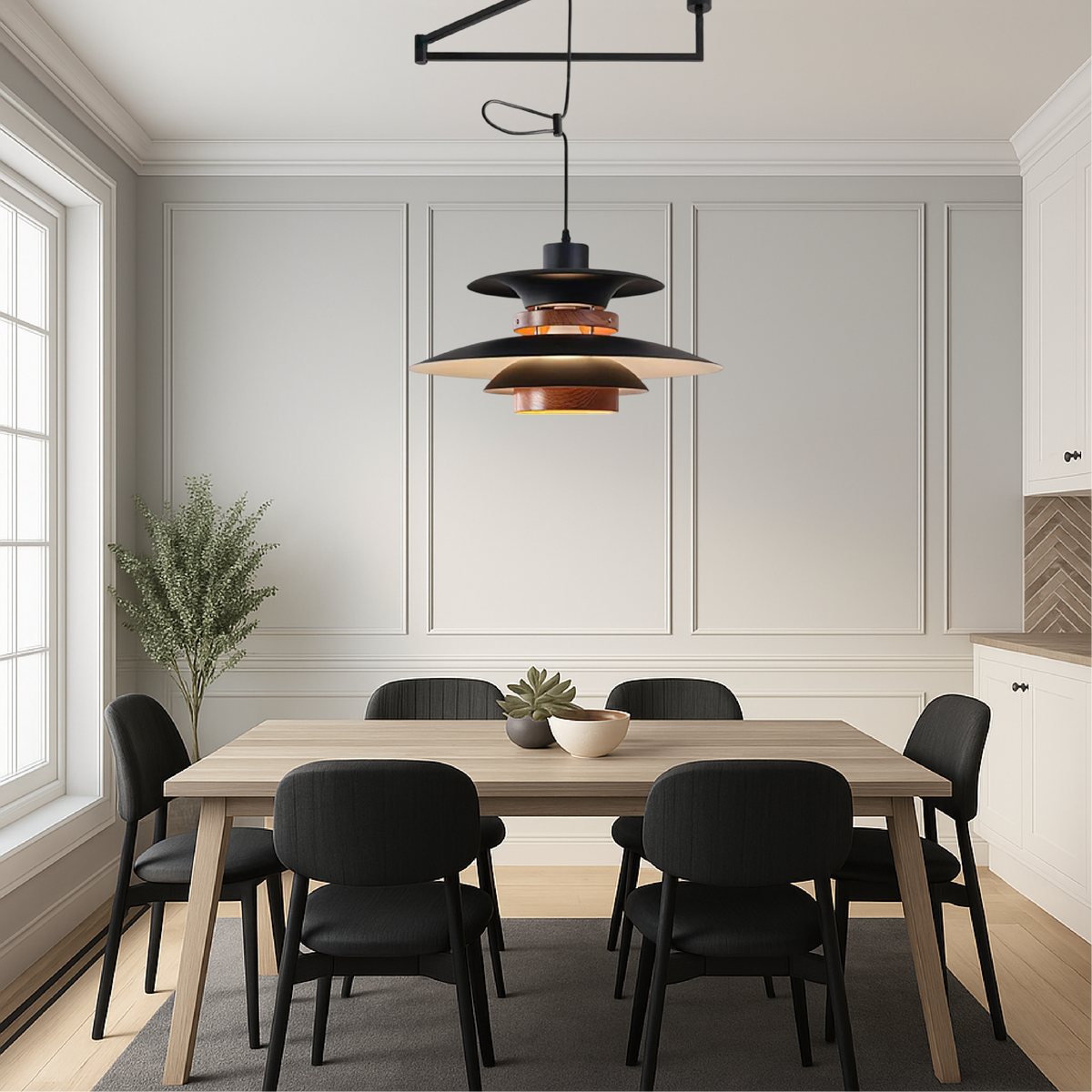 Hanging Ceiling Fixture with Wood and Metal Shade 20-Inch Diameter Adjustable Height for Kitchen Island Dining Room Living Space Modern Farm