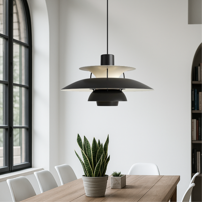 Layered Aluminum Hanging Lamp 12 in Diameter Contemporary Overhead Fixture for Kitchens and Dining Spaces E27 Socket Black Finish Modern Hom