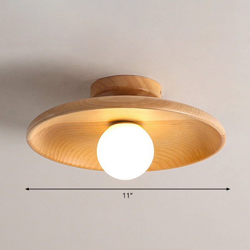 Wood Grain Semi-Flush Ceiling Light for Hallway and Entryway, Single Bulb Bowl Fixture for Low Ceilings, Modern Farmhouse Style, 11-Inch