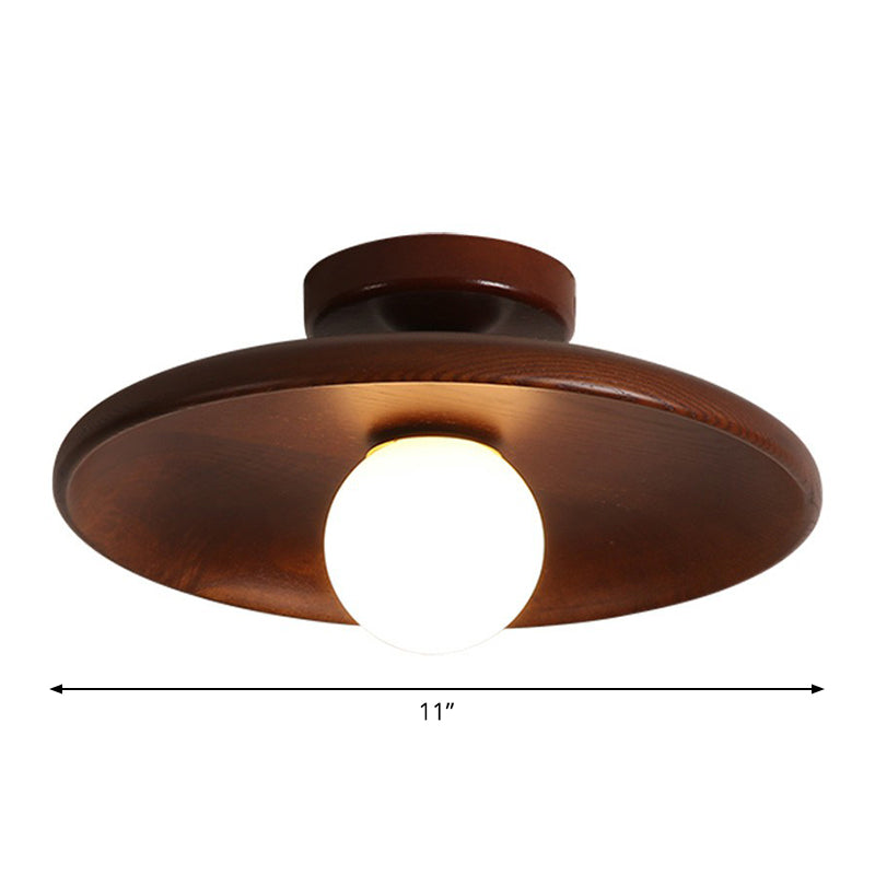 Wood Grain Semi-Flush Ceiling Light for Hallway and Entryway, Single Bulb Bowl Fixture for Low Ceilings, Modern Farmhouse Style, 11-Inch
