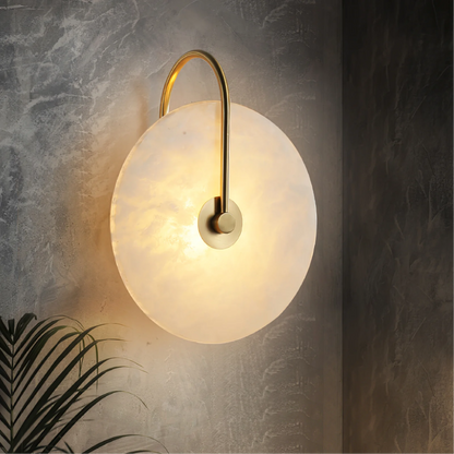 Alabaster Disc Sconce with Gold Arm – Natural Stone Wall Light for Bedroom, Living Room & Hallway – Integrated LED 6 to 12 Inch – Warm White