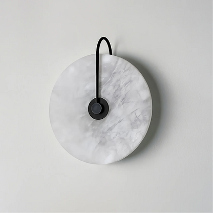 Alabaster Disc Sconce with Gold Arm – Natural Stone Wall Light for Bedroom, Living Room & Hallway – Integrated LED 6 to 12 Inch – Warm White