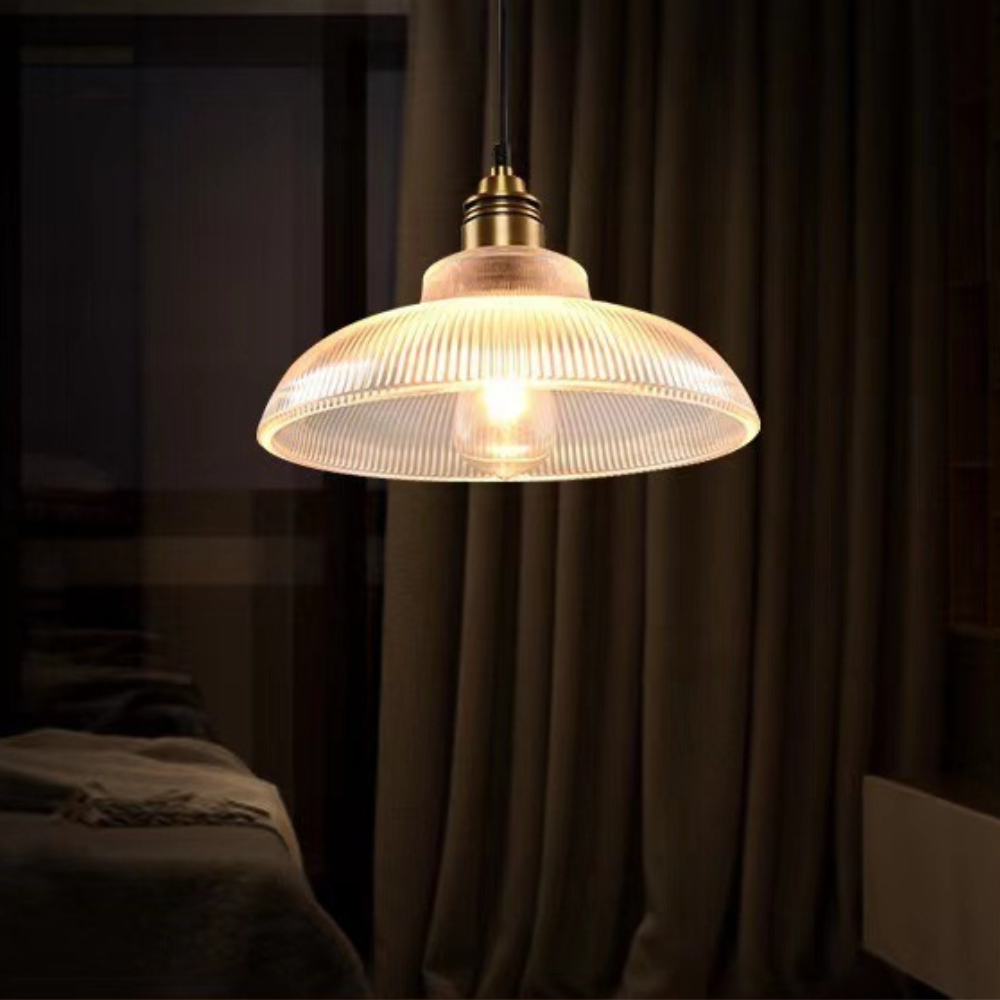 Glass Dome Pendant Light with Metal Frame for Dining Room & Bedroom – E27 Socket Industrial Style Hanging Fixture Clear or Amber Shade