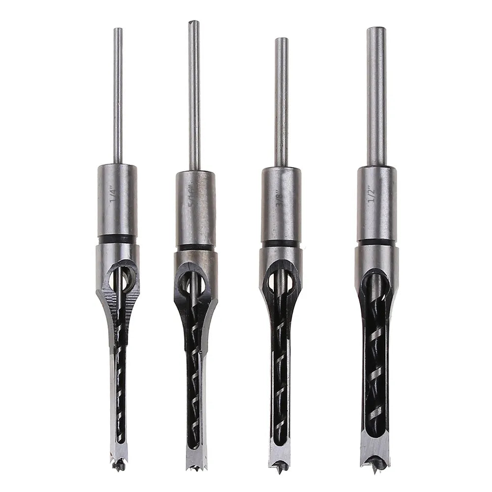 Mortising Drill Bit Set 4-Piece Square Hole Cutter Kit 1/4 to 1/2 Inch Sizes for Woodworking DIY Carpentry Projects Joinery Furniture Making