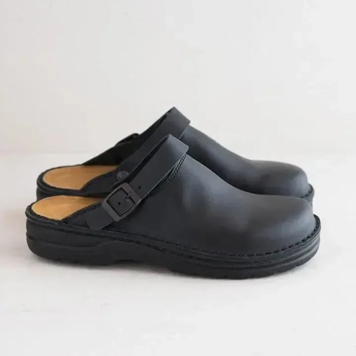 Men's Wooden Clogs with Open Back – Slip-On Mules with Rubber Sole for Work, Home & Casual Wear
