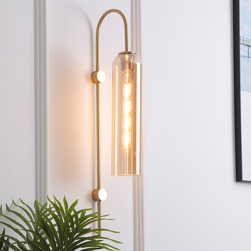 Curved Arm Wall Sconce with Ribbed Glass Shade – Single Bulb Metal Fixture for Bedroom, Hallway, Dining Room – Retro Modern Indoor Lighting