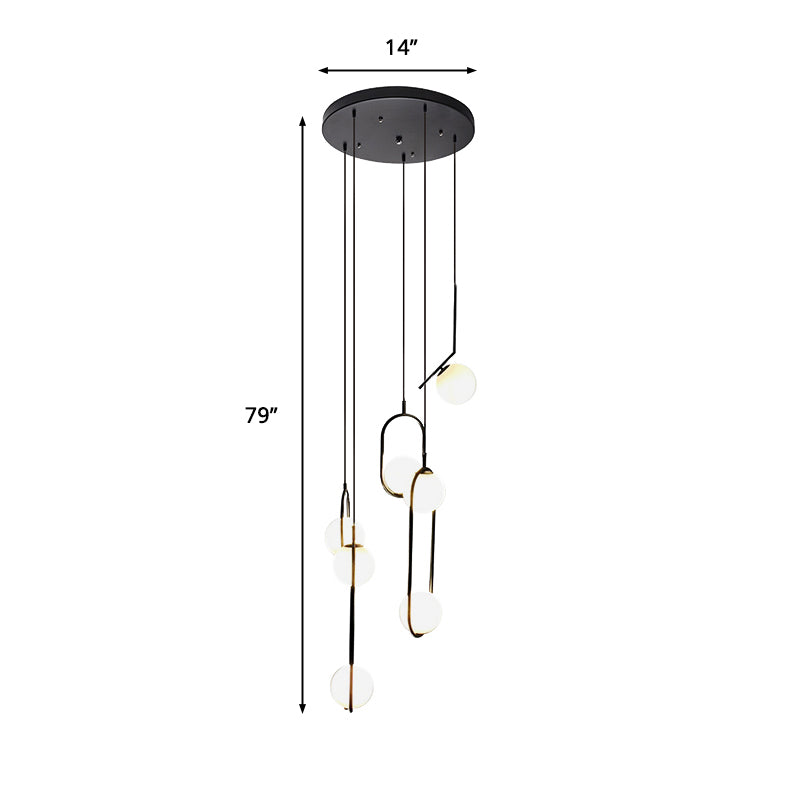 Multi-Globe Glass Pendant Chandelier – Modern Stairwell Lighting Fixture, Black Metal Frame, 5-6 Lights for Entryway Living Room Dining