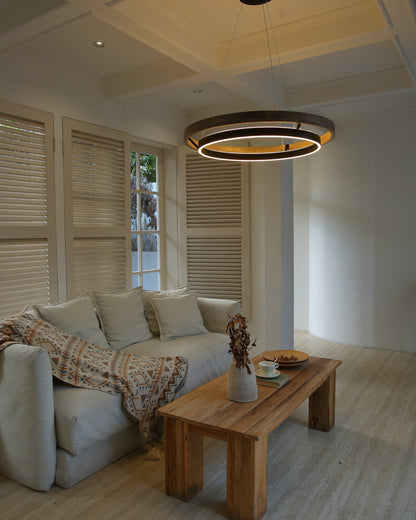 Circular Wood Ring Chandelier with LED Lighting 24-47 Inches Adjustable Height Farmhouse Dining Room Kitchen Island Ceiling Fixture
