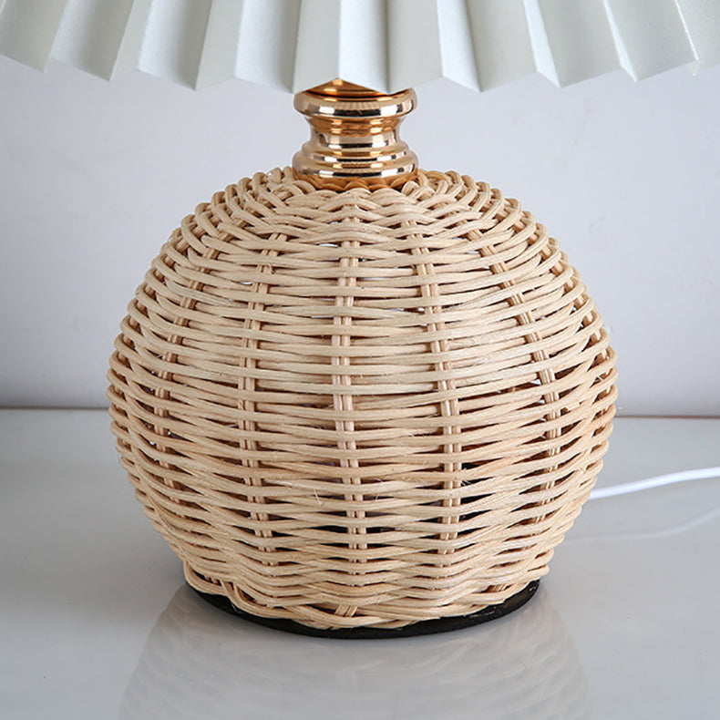 Nordic Rattan Table Lamp with Fabric Shade, USB Powered & Infinitely Dimmable LED Light for Bedroom, Living Room, Study