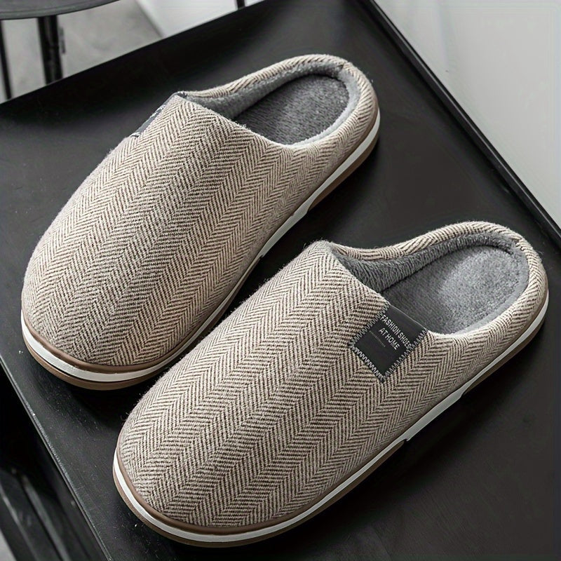 Men's Plush Herringbone Slippers – Warm Indoor House Shoes with Non-Slip Grip for Fall & Winter