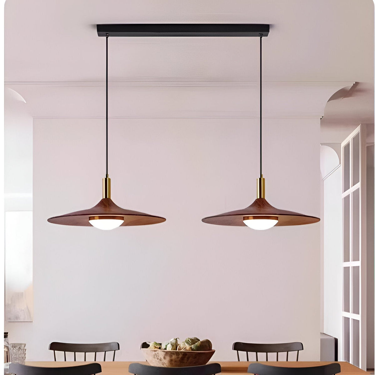 Sculptural Metal Shade Ceiling Fixture with Organic Wood-Tone Accent – 10 in or 14 in Drop Light for Island Counter Bar and Breakfast Nook –