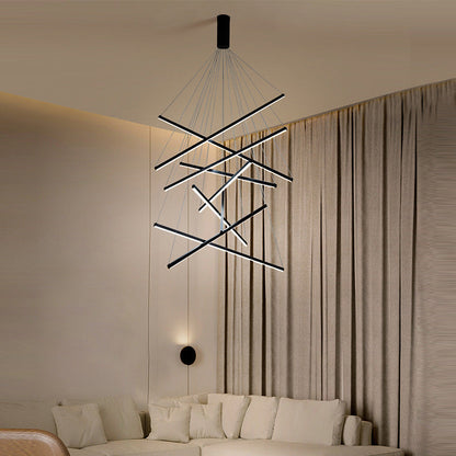 Modern Linear LED Chandelier Black Metal Multi-Tier Pendant Light for Living Room Foyer Kitchen Island Dining Room