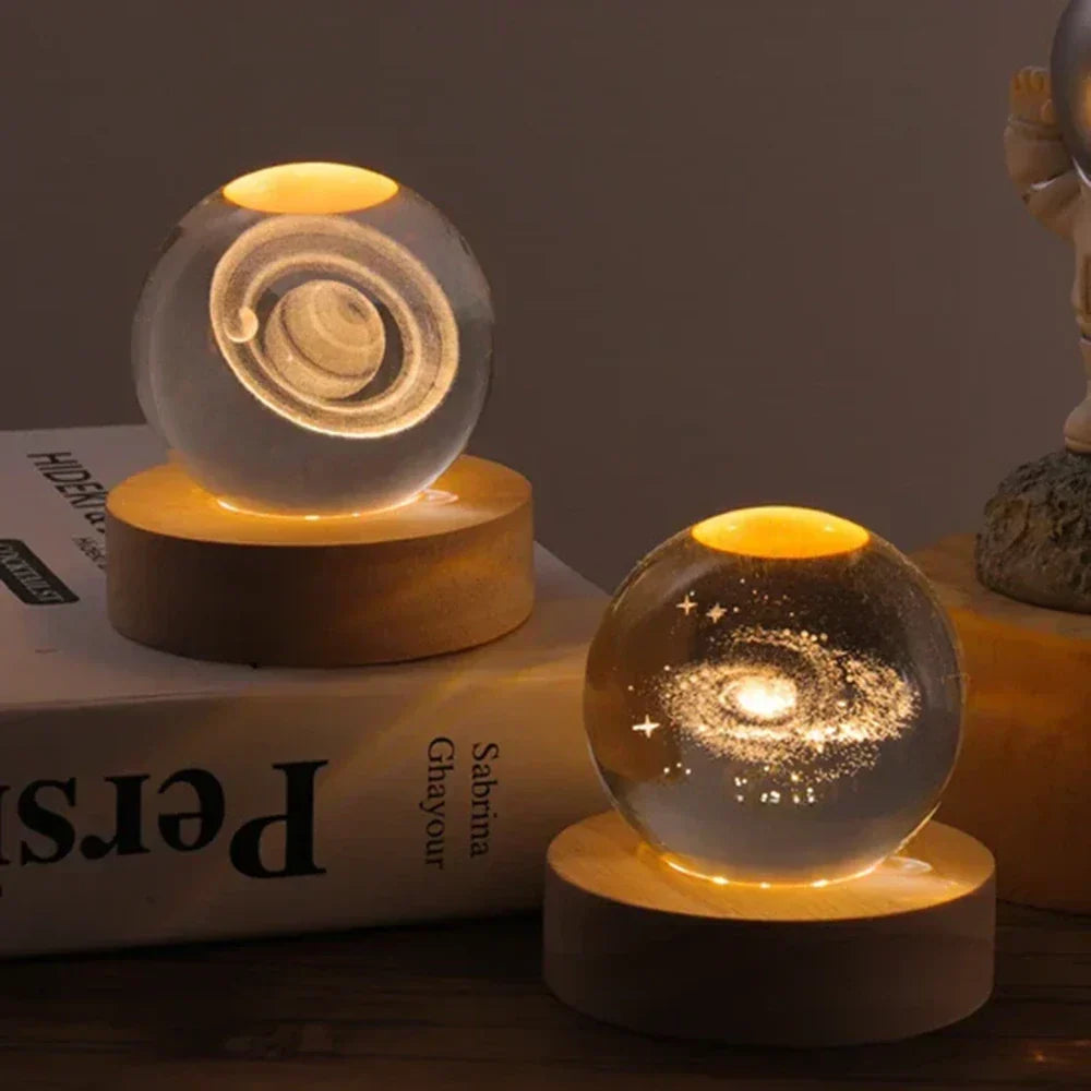 3D Engraved Crystal Planet Sphere Night Light on Wood Base USB Powered Desk Lamp Warm White LED Glow for Bedroom Living Room Nursery Space