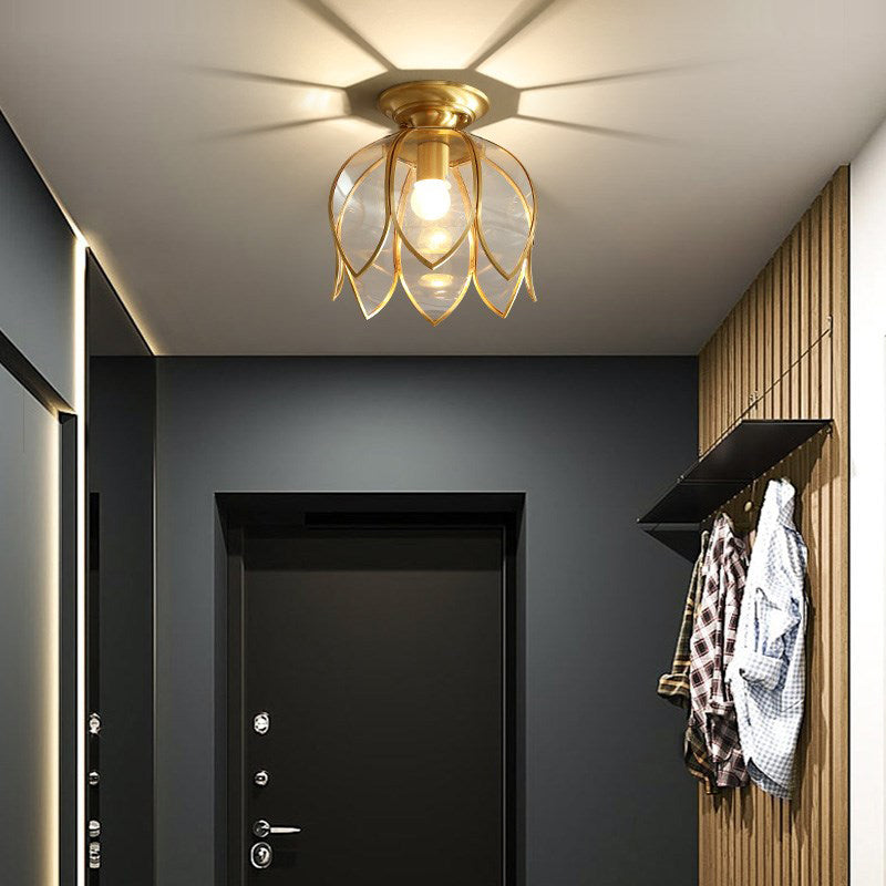 Flush Mount Ceiling Light with Clear Glass Shade in Antique Brass Finish – Single-Bulb Colonial Style for Hallways, Entryways & Bedrooms