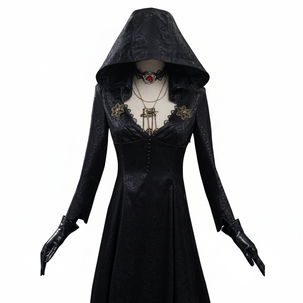 Gothic Vampire Costume Set for Women with Dress Gown Coat Choker & Tattoos for Halloween Cosplay Conventions Horror Fans