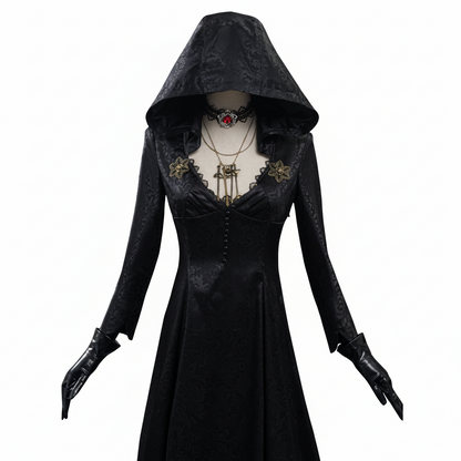 Gothic Vampire Costume Set for Women with Dress Gown Coat Choker & Tattoos for Halloween Cosplay Conventions Horror Fans