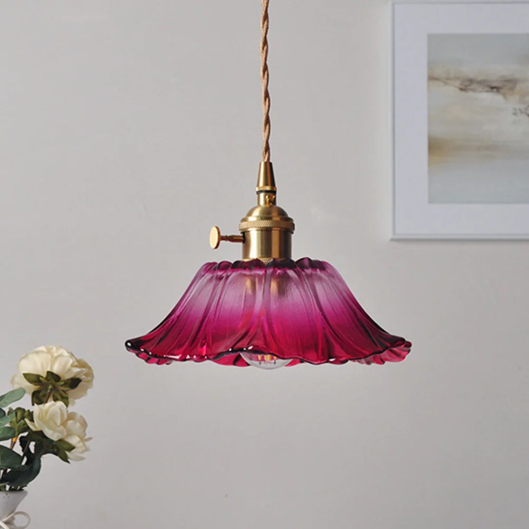 Fluted Glass Hanging Light 11-Inch Shade Burgundy Adjustable Drop Cord E27 Socket for Kitchen Island Dining Area Hallway Above Table Counter
