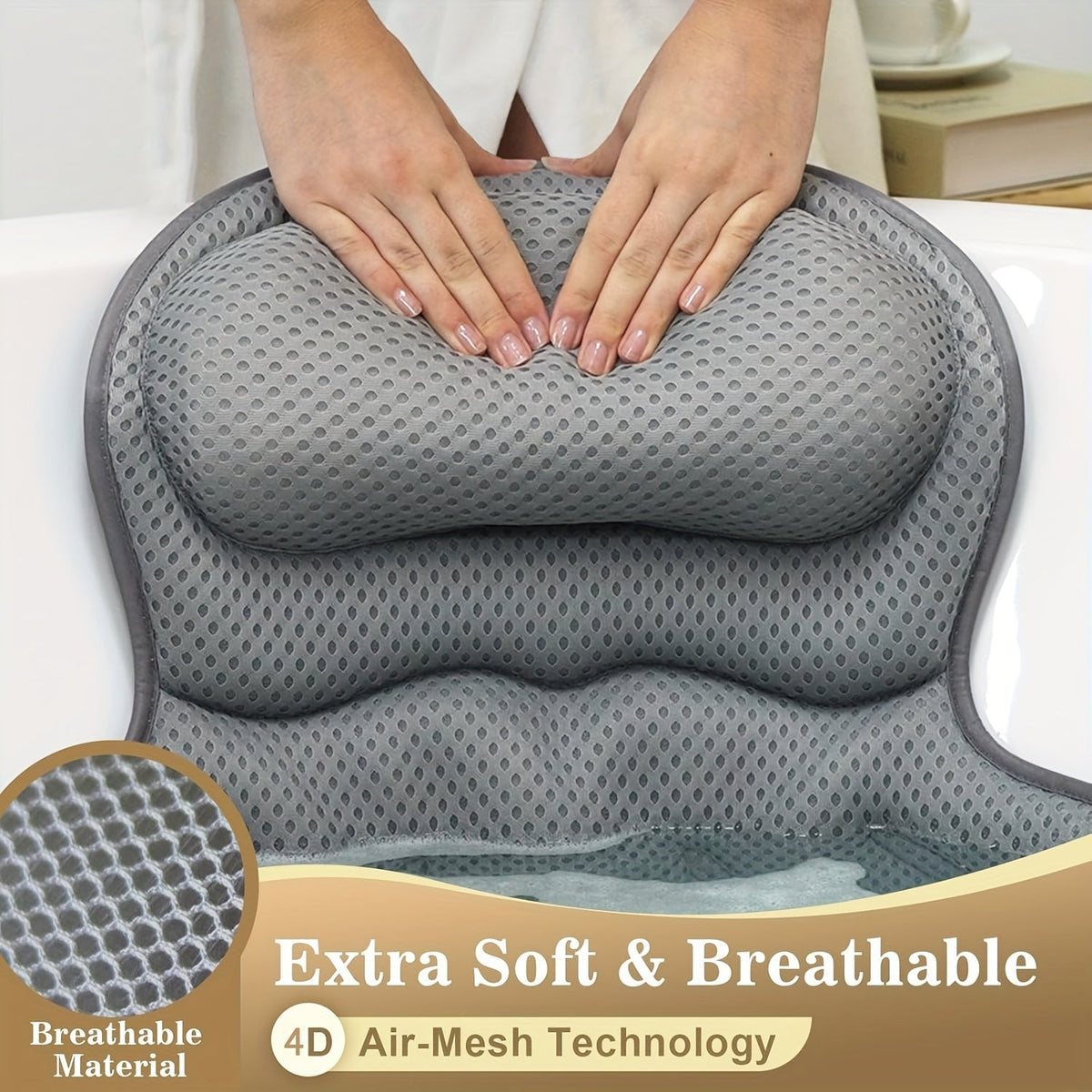 Spa Bath Pillow with Neck and Back Support – 4D Air Mesh Cushion with Suction Cups for Bathtub Relaxation