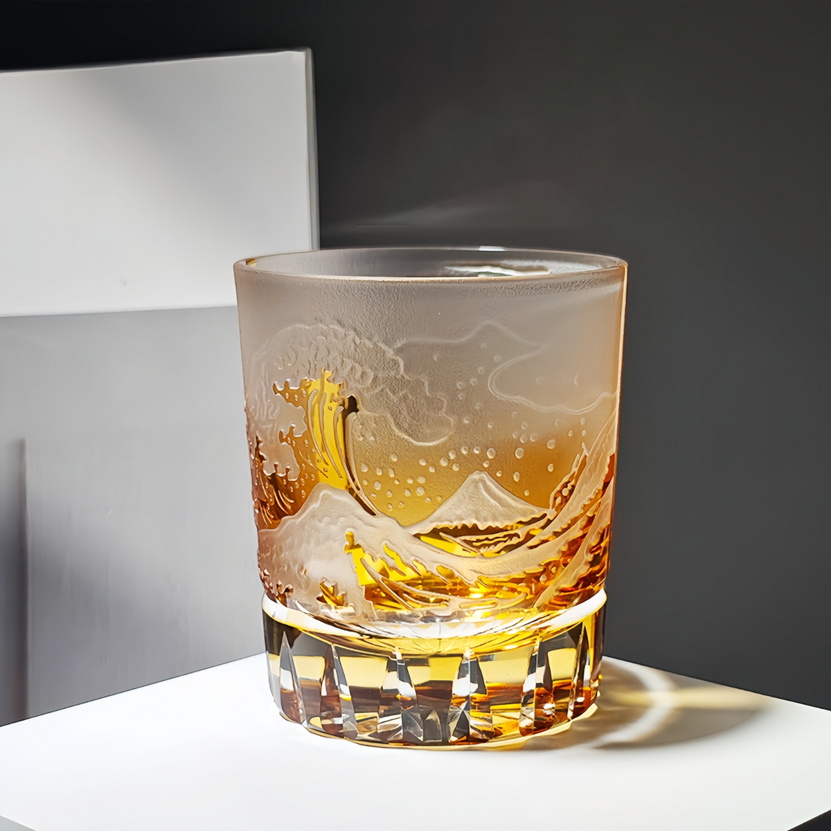 Japanese Wave Crystal Whisky Glass with Mt. Fuji Engraving in Golden or Blue Finish, Handcut Tumbler in Wooden Gift Box for Spirits and Bour