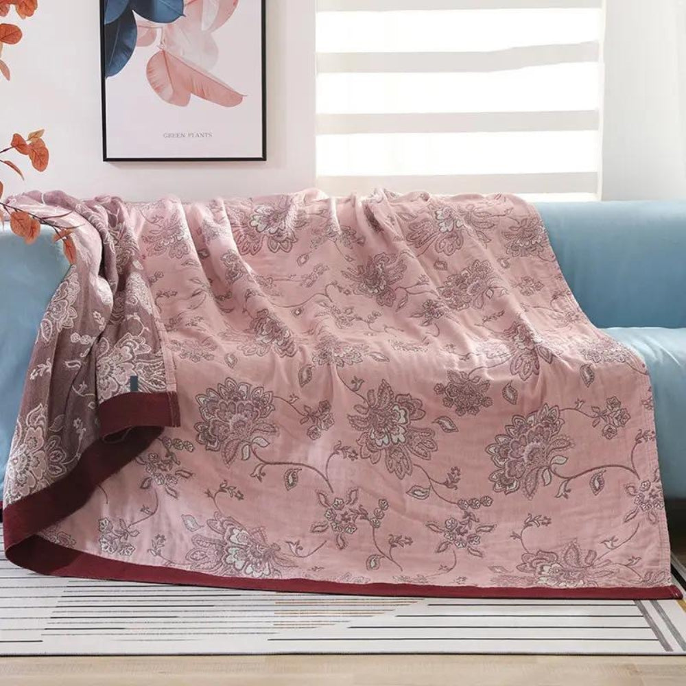 Lightweight Cotton Gauze Throw Blanket with Floral Design for Year-Round Comfort, Breathable Bedding for Bedroom, Sofa, or Guest Room