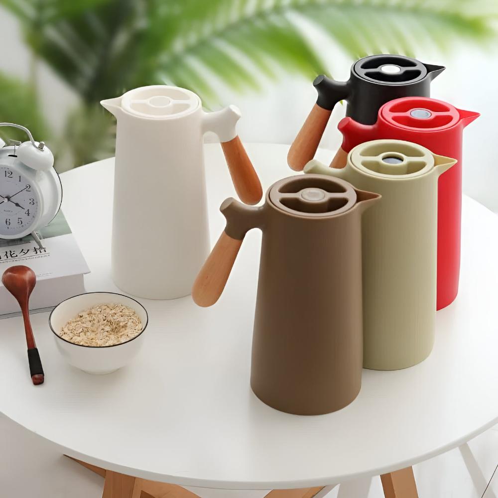 Insulated Beverage Carafe 34 oz Stainless Steel with Natural Wood Grip for Coffee Tea Water Hot Cold Drinks Kitchen Office Dining Room Deskt