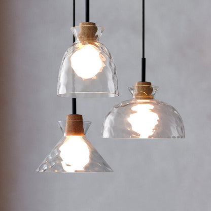 Clear Glass Pendant Light with Wood Accent E26 Socket for Kitchen Island Dining Room Bedroom Ceiling Fixture Hardwired Hanging Lamp