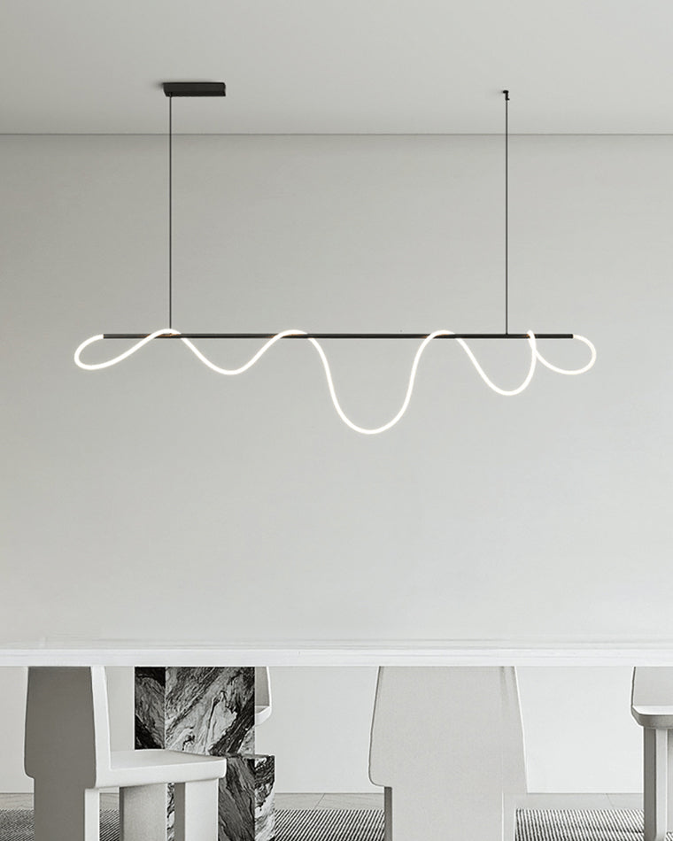 Linear LED Island Chandelier with Silicone Wave Design 43-Inch Brass Adjustable Height Dimmable Kitchen Pendant for Dining Table Modern Hang