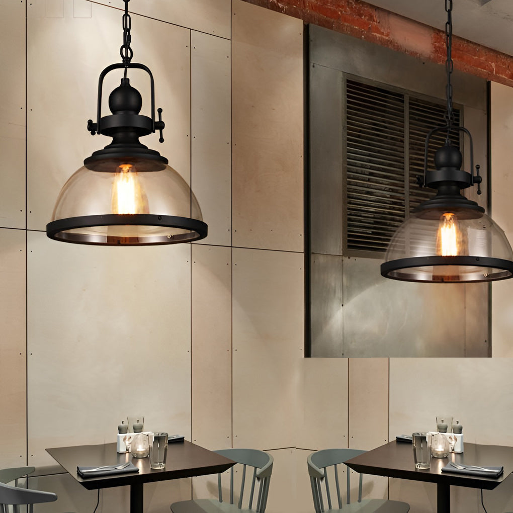 Glass Bowl Pendant Light Industrial Retro Style Hanging Ceiling Fixture Iron Frame E27 Socket for Dining Room Kitchen Island Living Room