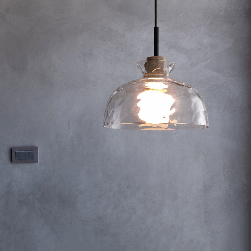 Clear Glass Pendant Light with Wood Accent E26 Socket for Kitchen Island Dining Room Bedroom Ceiling Fixture Hardwired Hanging Lamp