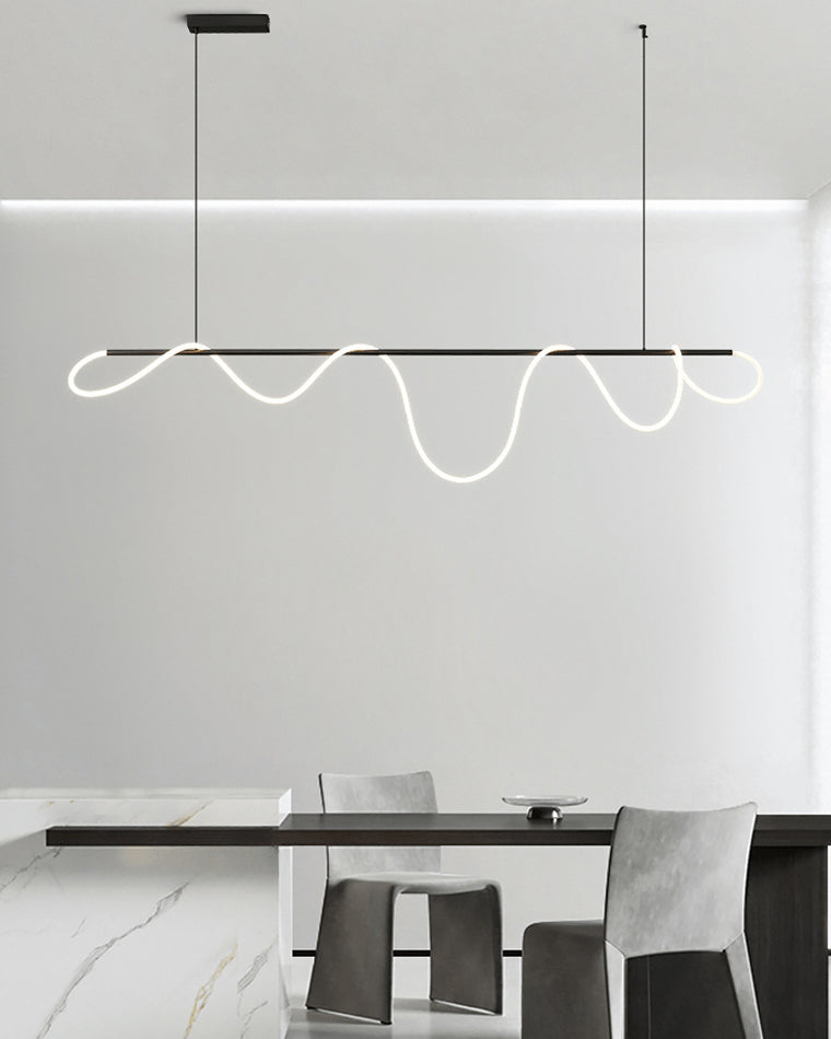 Linear LED Island Chandelier with Silicone Wave Design 43-Inch Brass Adjustable Height Dimmable Kitchen Pendant for Dining Table Modern Hang