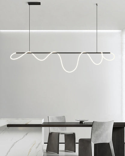 Linear LED Island Chandelier with Silicone Wave Design 43-Inch Brass Adjustable Height Dimmable Kitchen Pendant for Dining Table Modern Hang