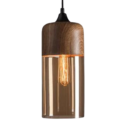 Glass Pendant Light with Wood-Look Metal – Scandinavian Hanging Fixture for Dining Room, Bedroom & Living Room