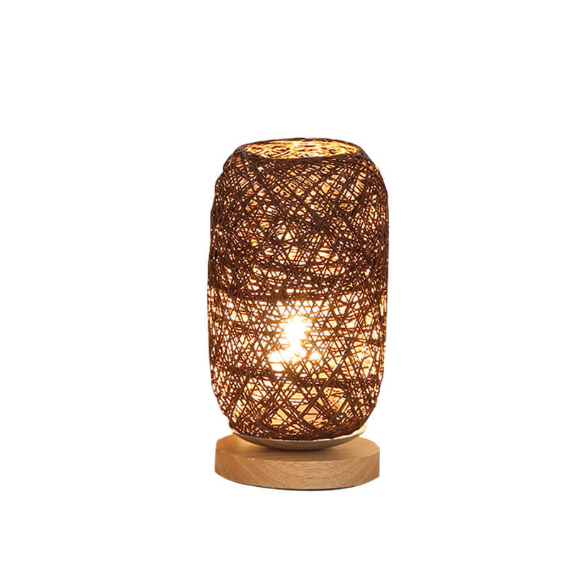 Woven Rattan Table Lamp with Wood Base & Metal Frame – Plug-In LED Desk Light for Bedroom, Living Room & Office