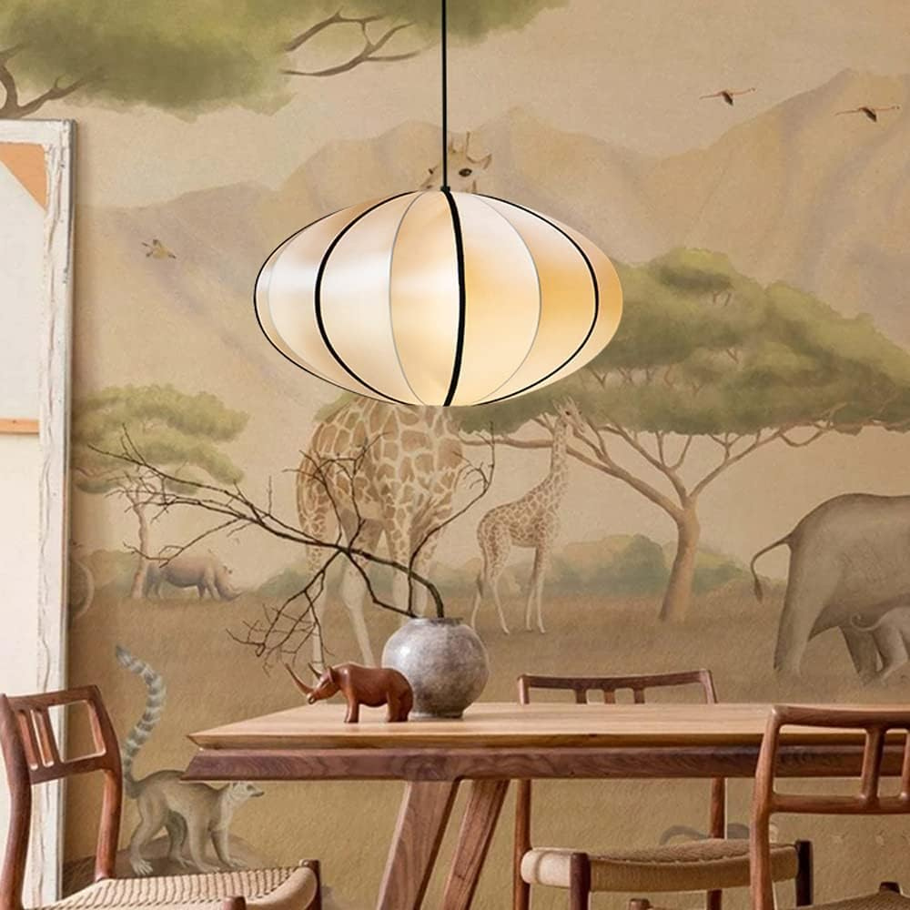 Fabric Ceiling Light 16-Inch Orb Shade for Dining Room Bedroom Kitchen Island White Silk Hanging Fixture E27 Socket Adjustable Height