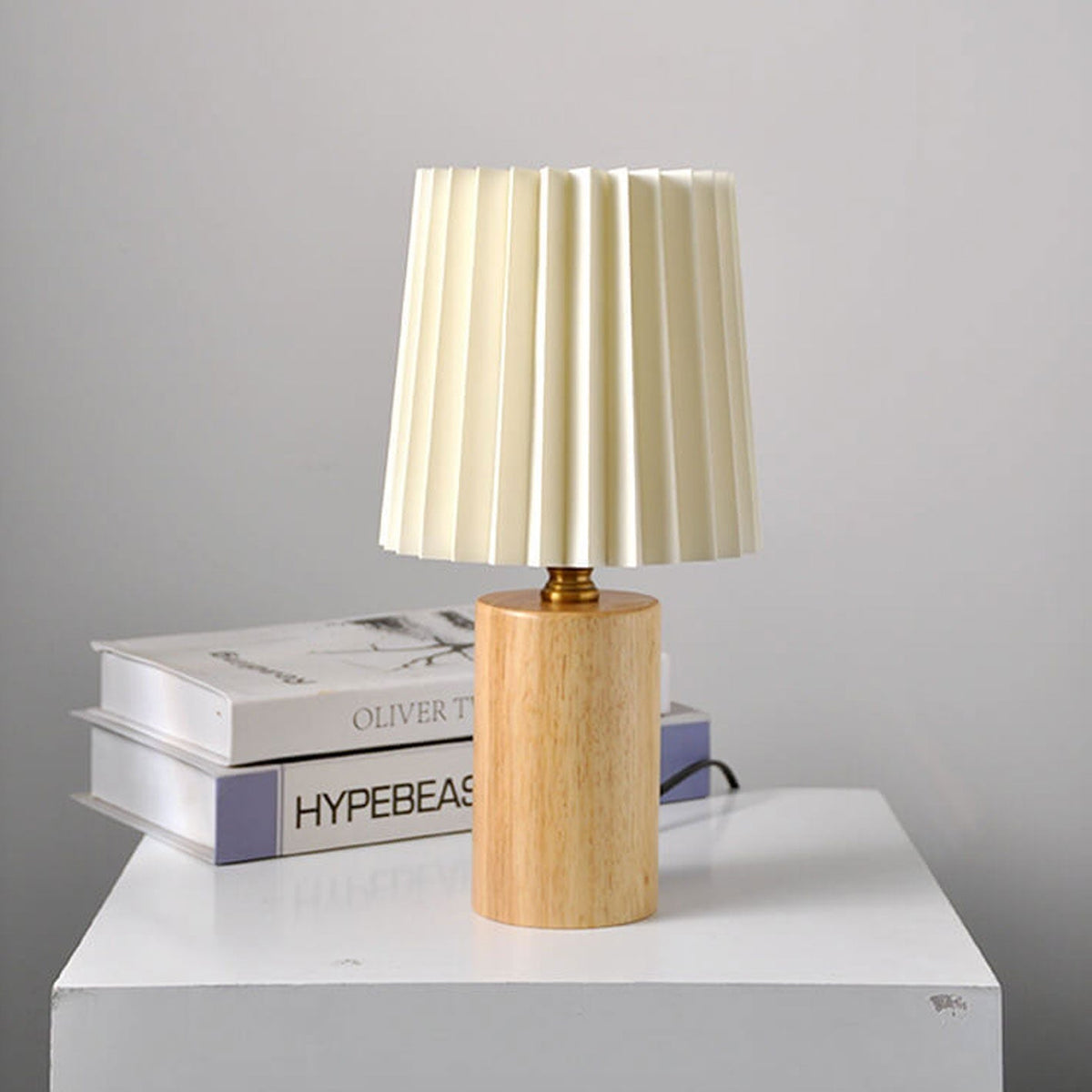 Pleated Fabric Accent Lamp with Cylindrical Wooden Base – Bedside Reading Light for Bedroom & Living Room