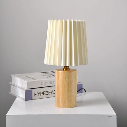 Pleated Fabric Accent Lamp with Cylindrical Wooden Base – Bedside Reading Light for Bedroom & Living Room