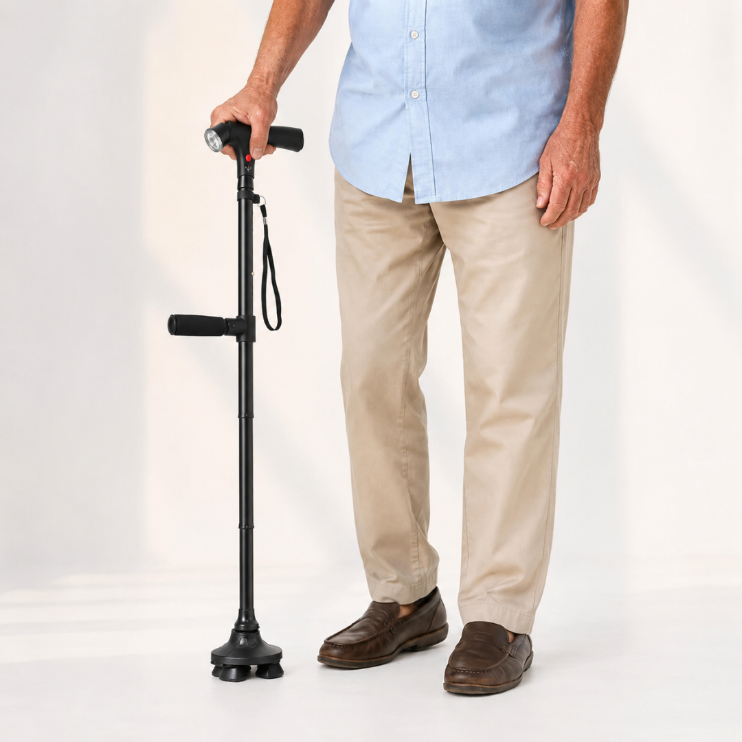 Quad-Base Folding Walking Cane with LED Light & Alarm for Stability, Balance Support & Mobility Aid