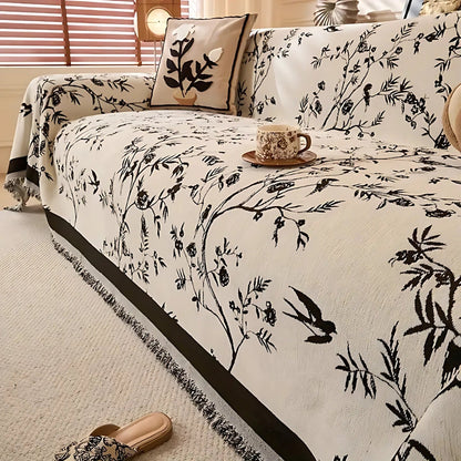 Textured Chenille Sofa Throw Blanket with Tassels – Floral Jacquard Couch Cover for Living Room, Pet-Friendly & Anti-Slip