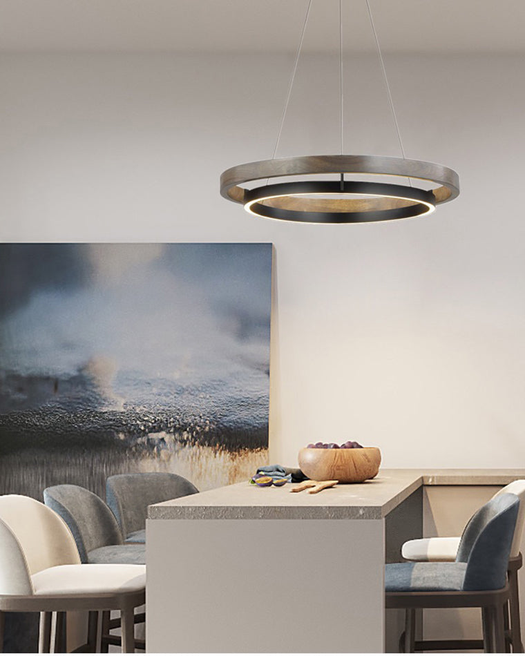 Circular Wood Ring Chandelier with LED Lighting 24-47 Inches Adjustable Height Farmhouse Dining Room Kitchen Island Ceiling Fixture