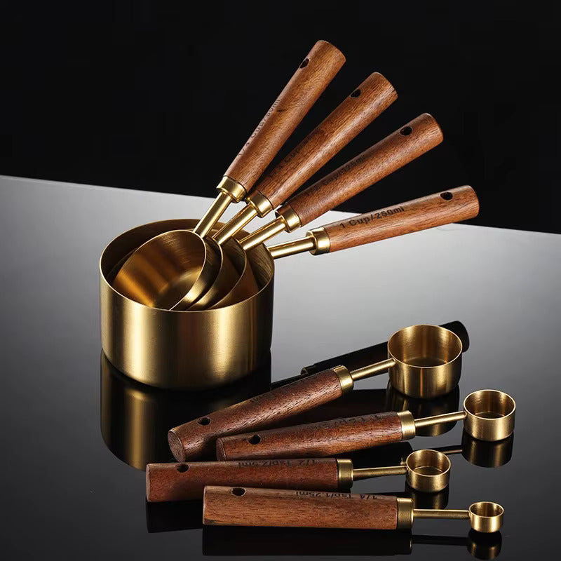 Stainless Steel Measuring Cup and Spoon Set with Oak Handles 8-Piece Kitchen Portion Tool for Baking Cooking Coffee and Meal Prep