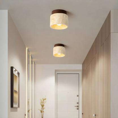 Flush Mount Ceiling Light with Natural Stone and Wood 4.7 Inch Warm Glow for Small Rooms Entryway Compact Lighting Fixture Minimalist Japane